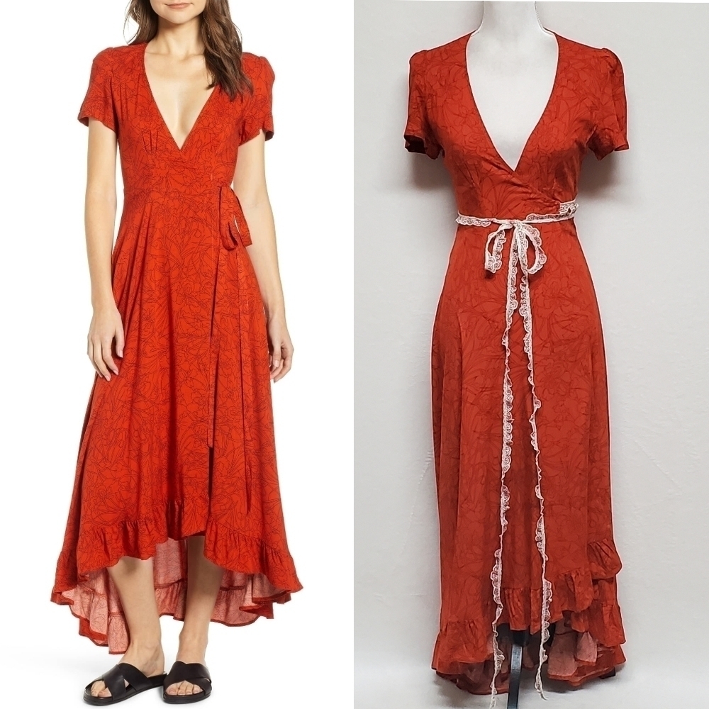 UPCYCLED Nordstrom Lira Daniella Rust Red Floral Surplice Asymmetric Wrap Dress